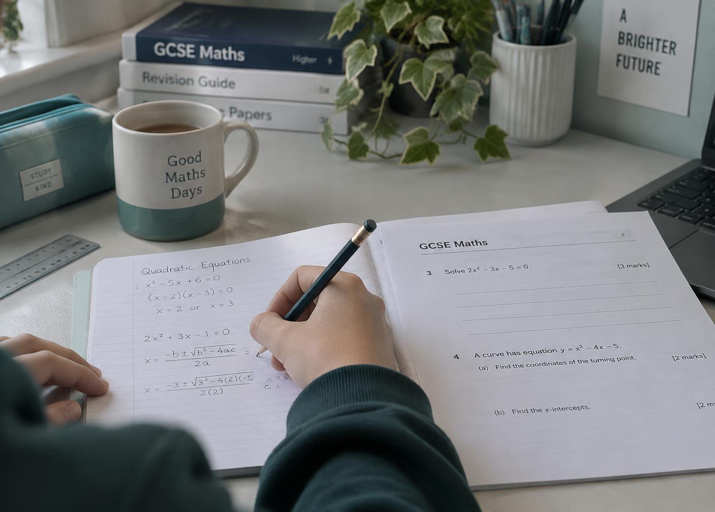 A learner working through GCSE maths notes with a pencil and worksheet